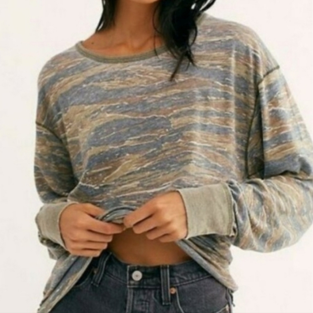 Free People Camouflage Long Sleeve Tee